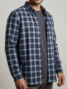 Classic Navy & Light Blue Plaid Button-Down Shirt
